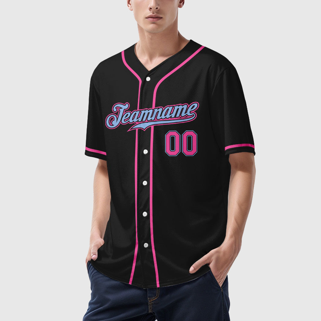 Custom Black Light Blue Pink Sleeve Baseball Jersey