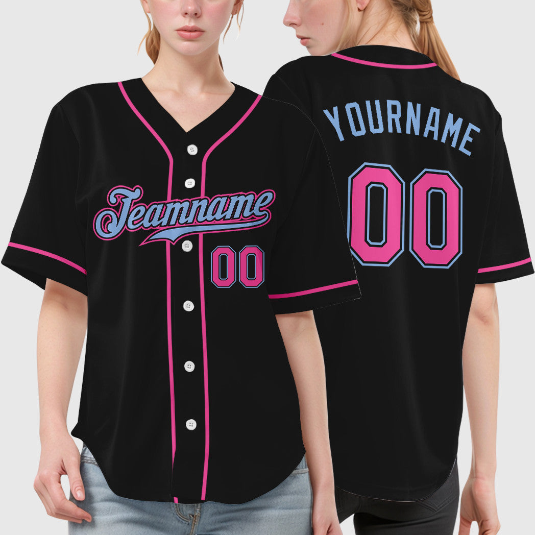 Custom Black Light Blue Pink Sleeve Baseball Jersey