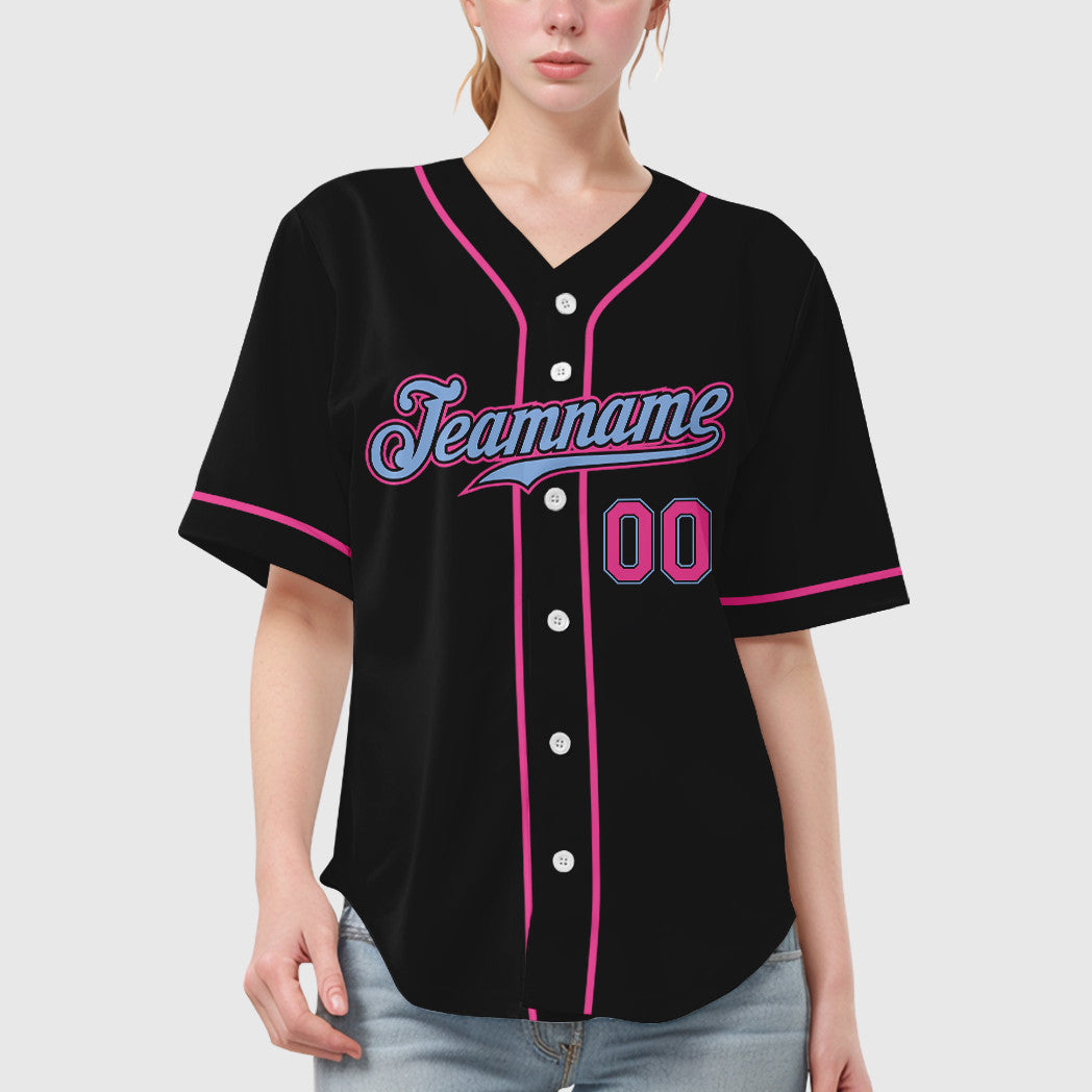 Custom Black Light Blue Pink Sleeve Baseball Jersey