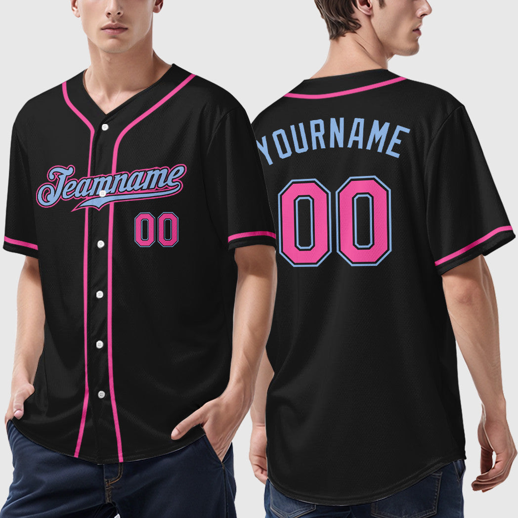 Custom Black Light Blue Pink Sleeve Baseball Jersey