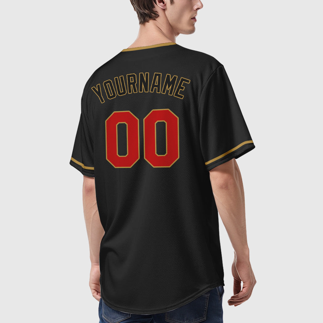Custom Black Old Gold Red-Old Gold Collar Sleeve Baseball Jersey