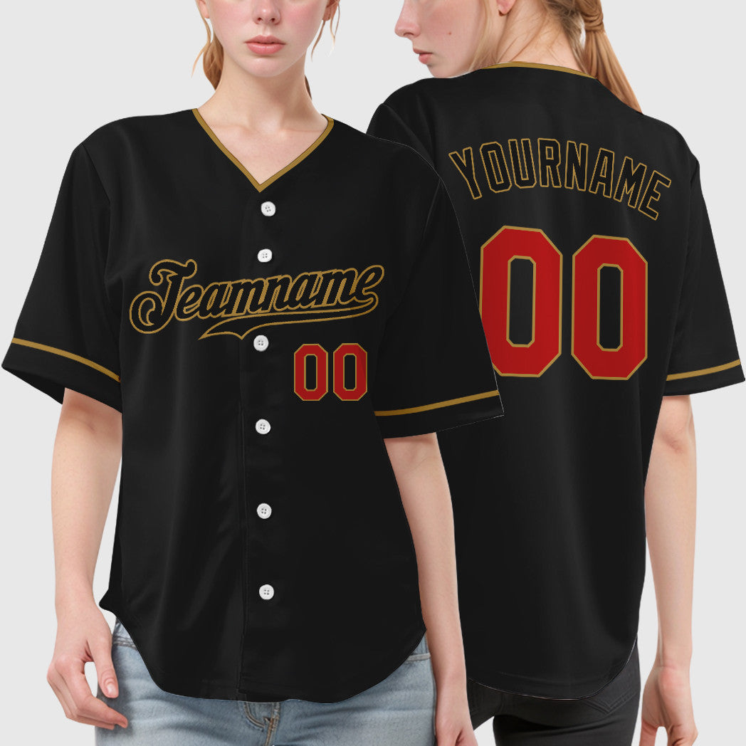 Custom Black Old Gold Red-Old Gold Collar Sleeve Baseball Jersey