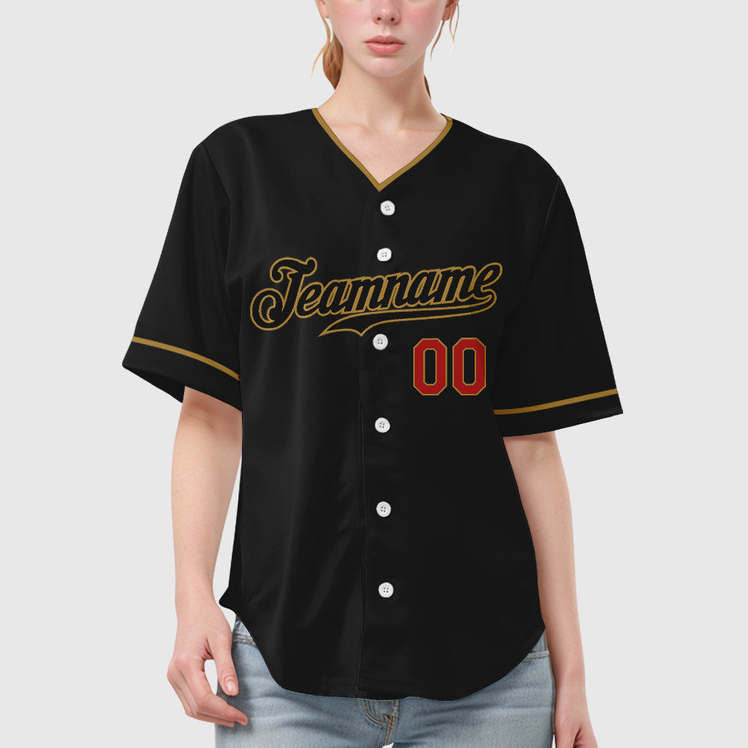 Custom Black Old Gold Red-Old Gold Collar Sleeve Baseball Jersey