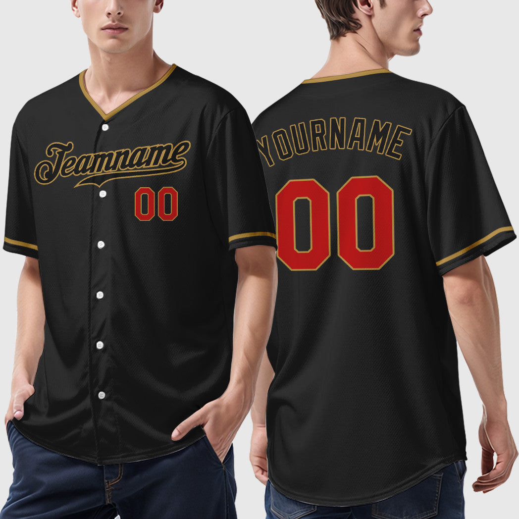 Custom Black Old Gold Red-Old Gold Collar Sleeve Baseball Jersey