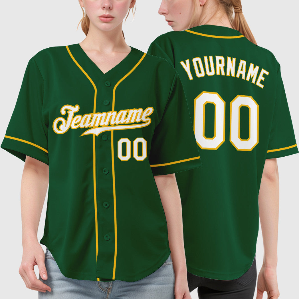 Custom Green White White-Gold Sleeve Baseball Jersey