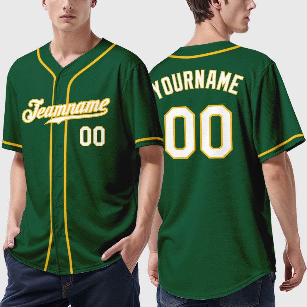 Custom Green White White-Gold Sleeve Baseball Jersey
