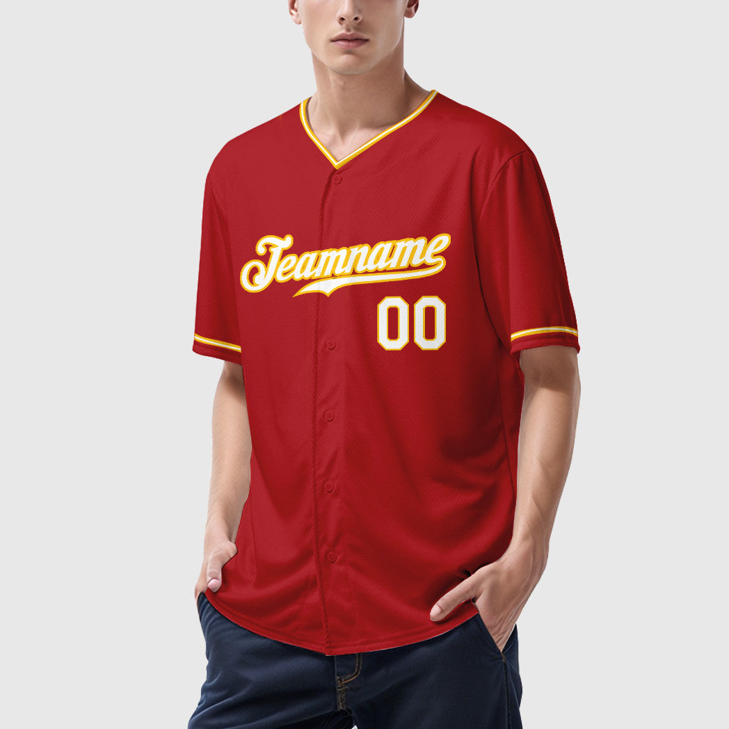 Custom Red Gold White-Gold Collar Sleeve Baseball Jersey