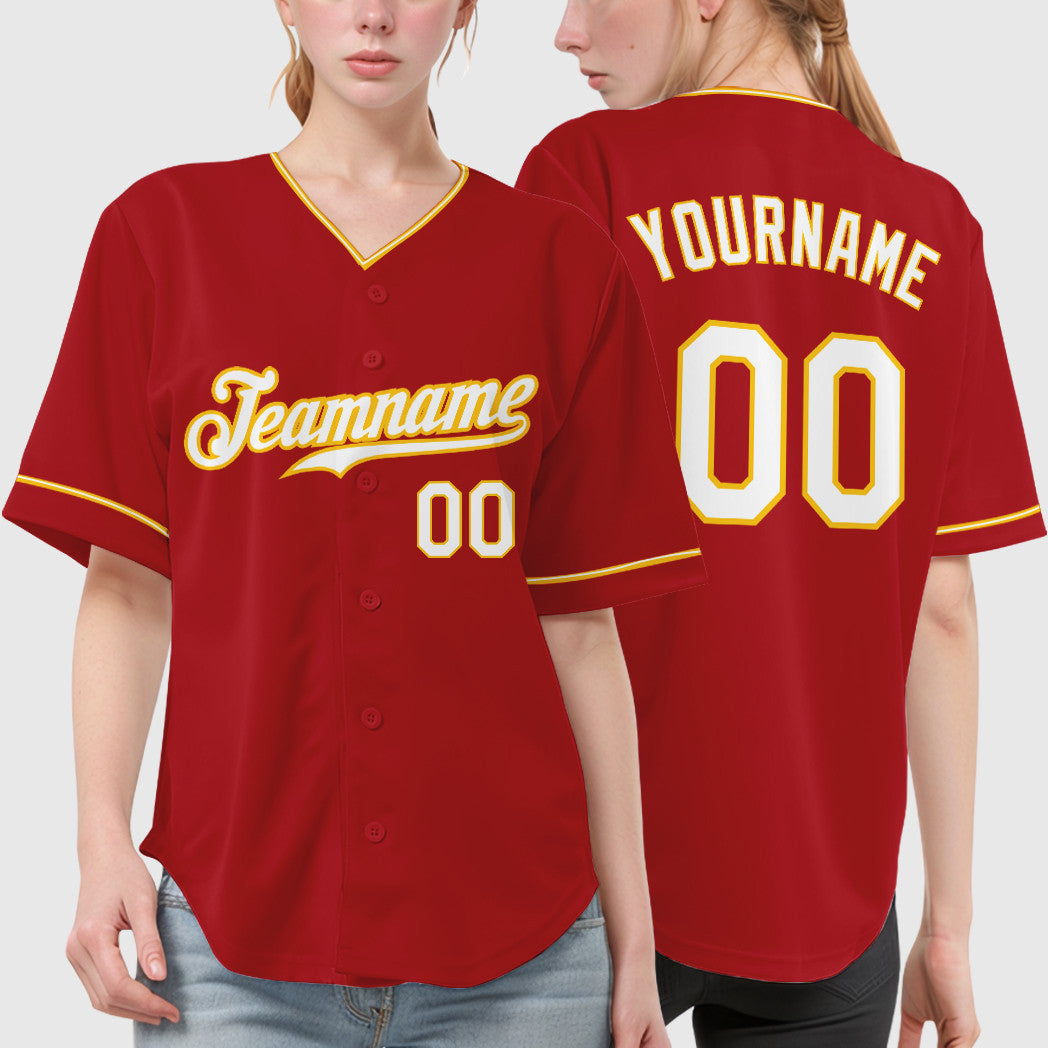 Custom Red Gold White-Gold Collar Sleeve Baseball Jersey
