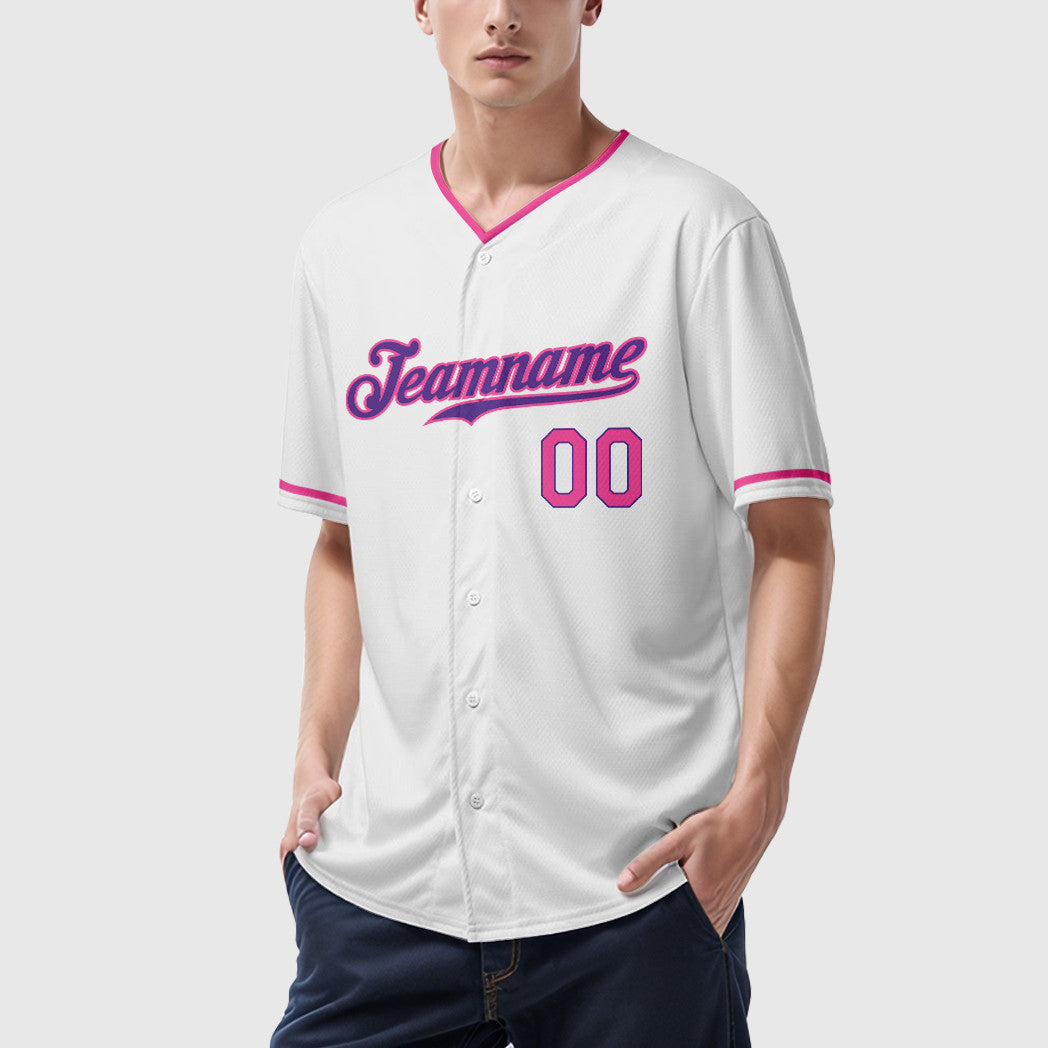 Custom White Purple Pink Collar Sleeve Baseball Jersey