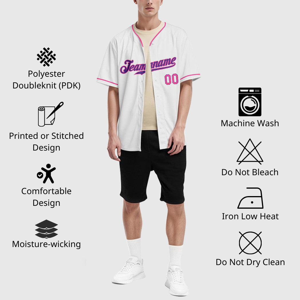 Custom White Purple Pink Collar Sleeve Baseball Jersey