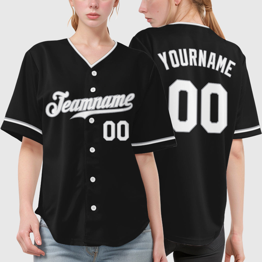 Custom Black Gray White Collar Sleeve Baseball Jersey
