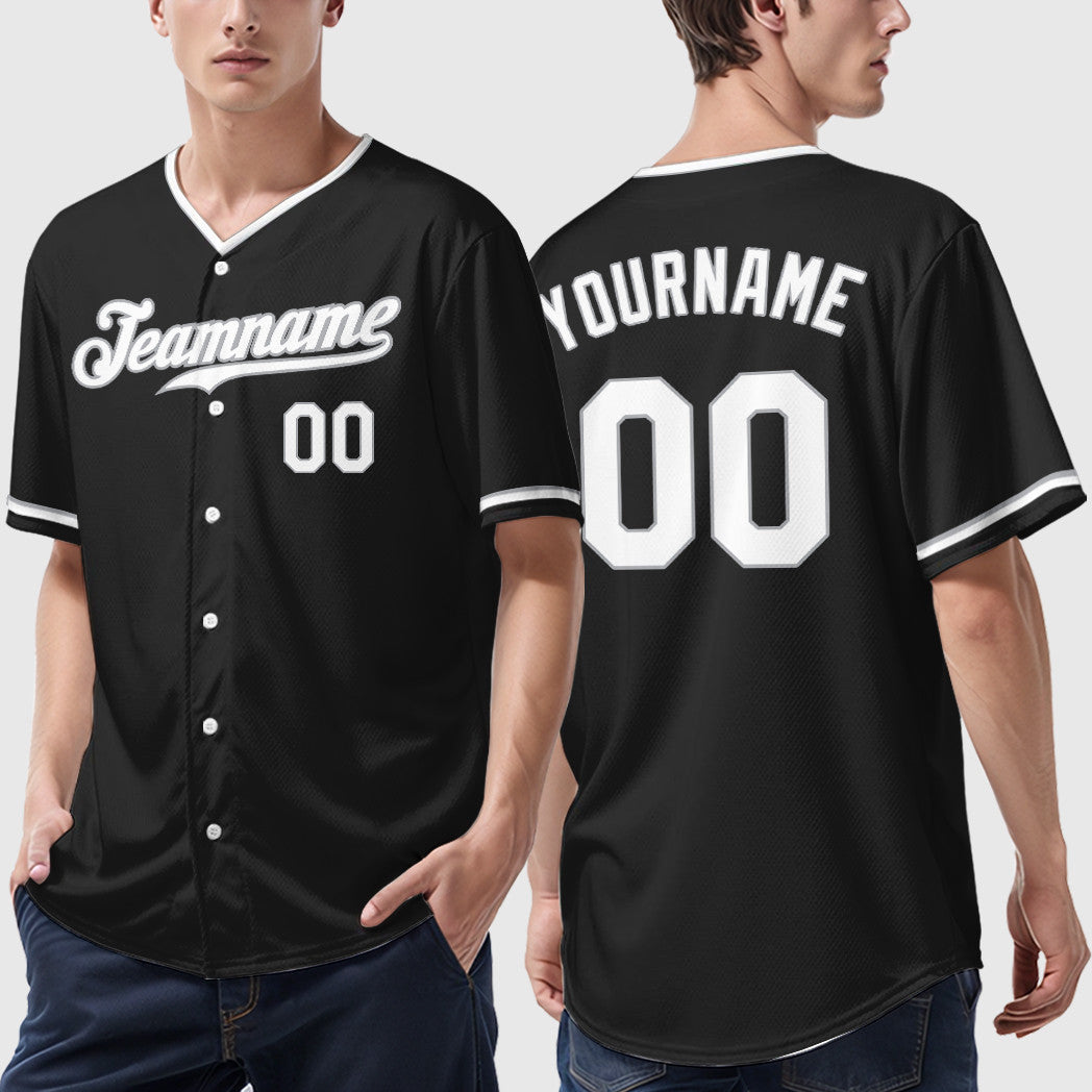 Custom Black Gray White Collar Sleeve Baseball Jersey