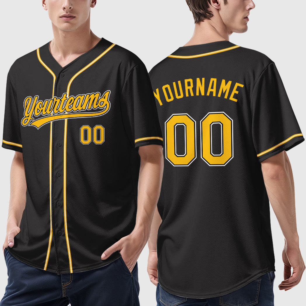 Custom Black Gold Gold-White Sleeve Baseball Jersey