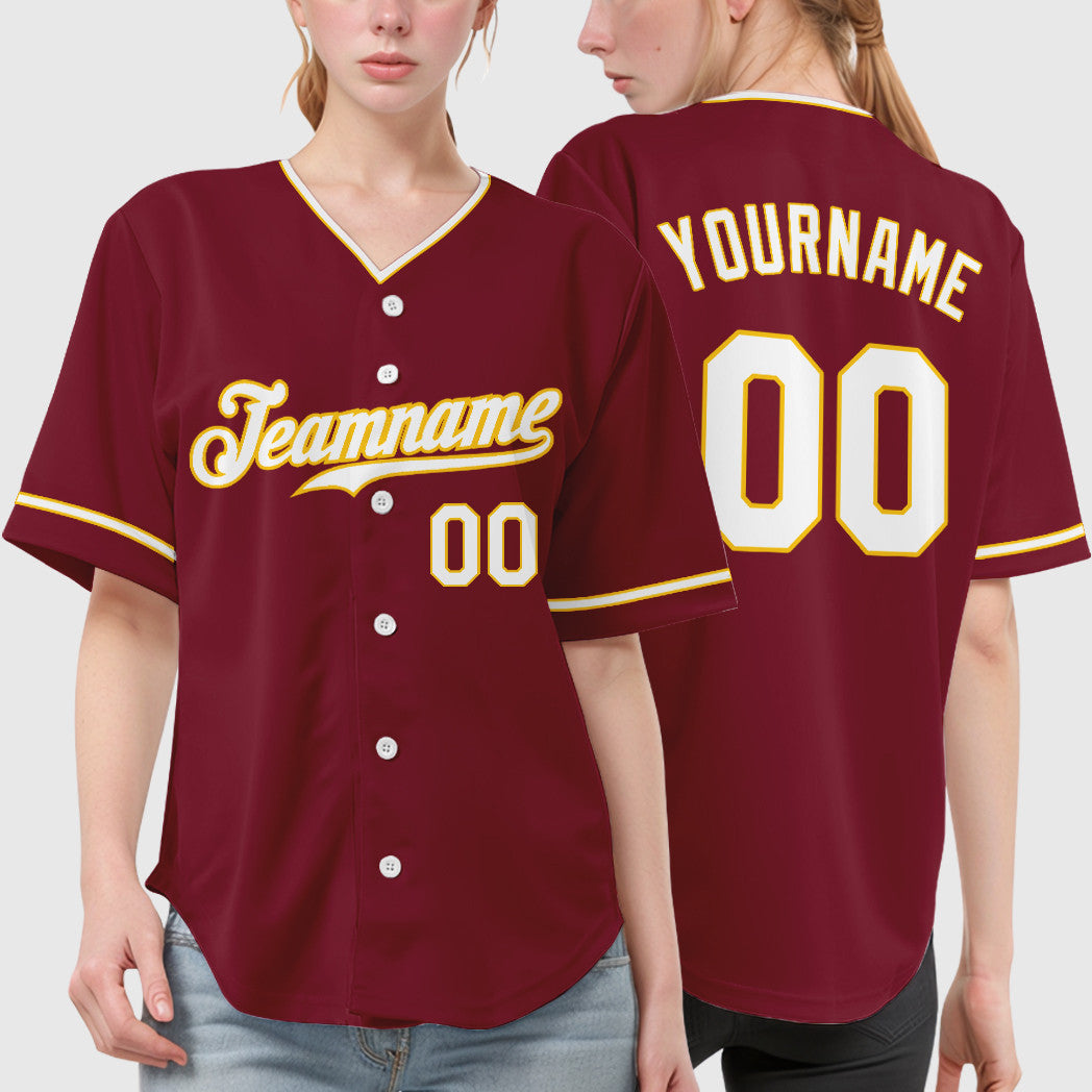 Custom Crimson White White-Gold Collar Sleeve Baseball Jersey