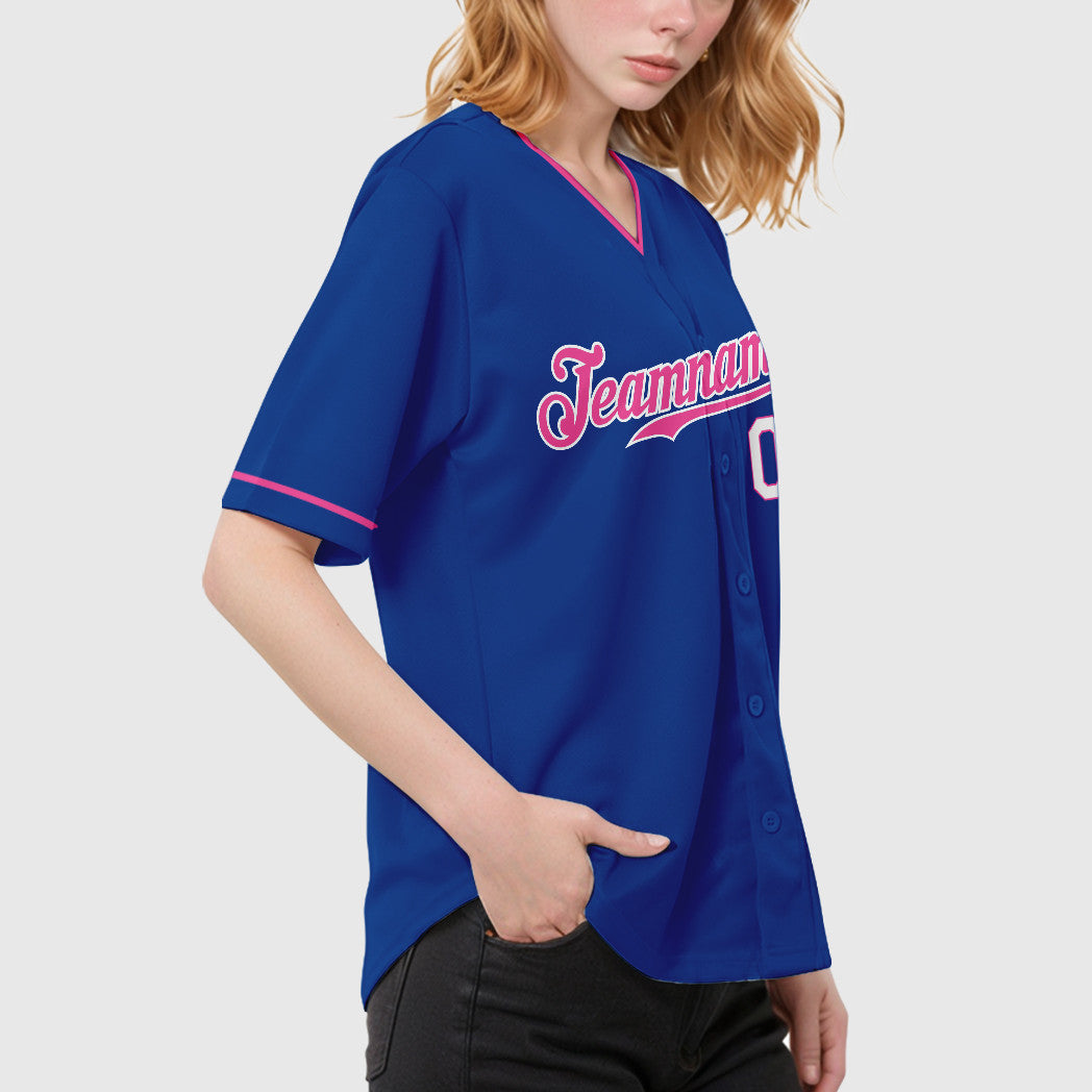 Custom Royal White Pink-White Collar Sleeve Baseball Jersey