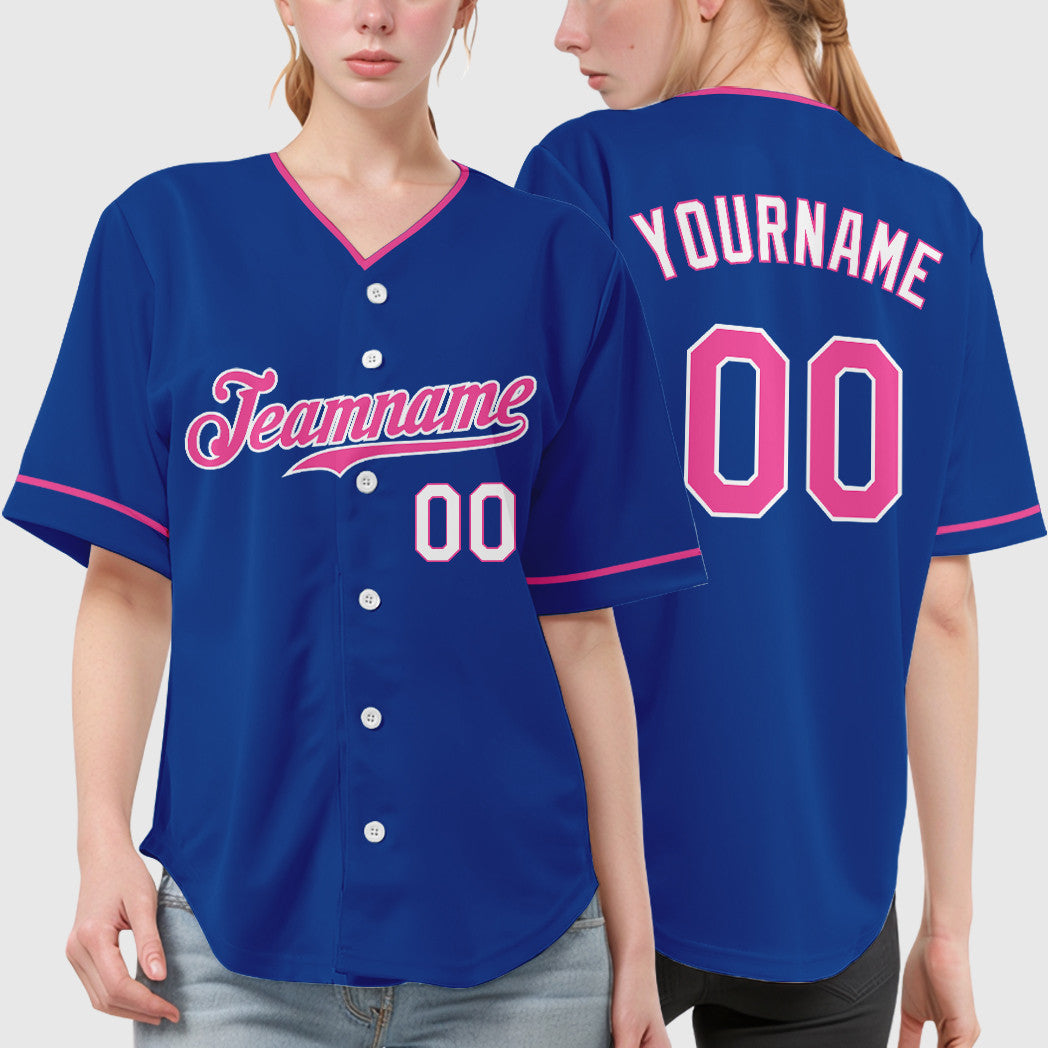 Custom Royal White Pink-White Collar Sleeve Baseball Jersey