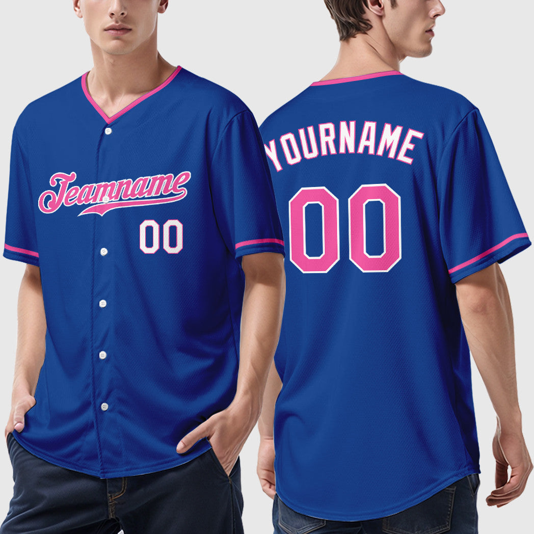 Custom Royal White Pink-White Collar Sleeve Baseball Jersey
