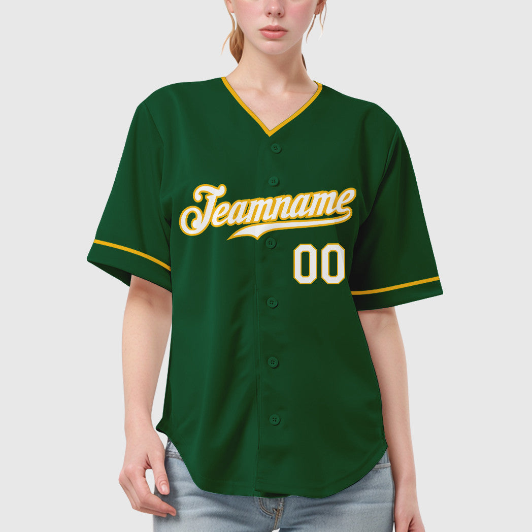 Custom Green White White-Gold Collar Sleeve Baseball Jersey
