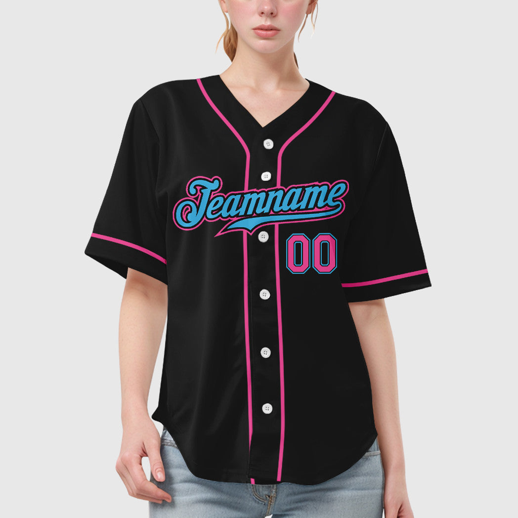 Custom Black White Sky Blue-Pink Sleeve Baseball Jersey