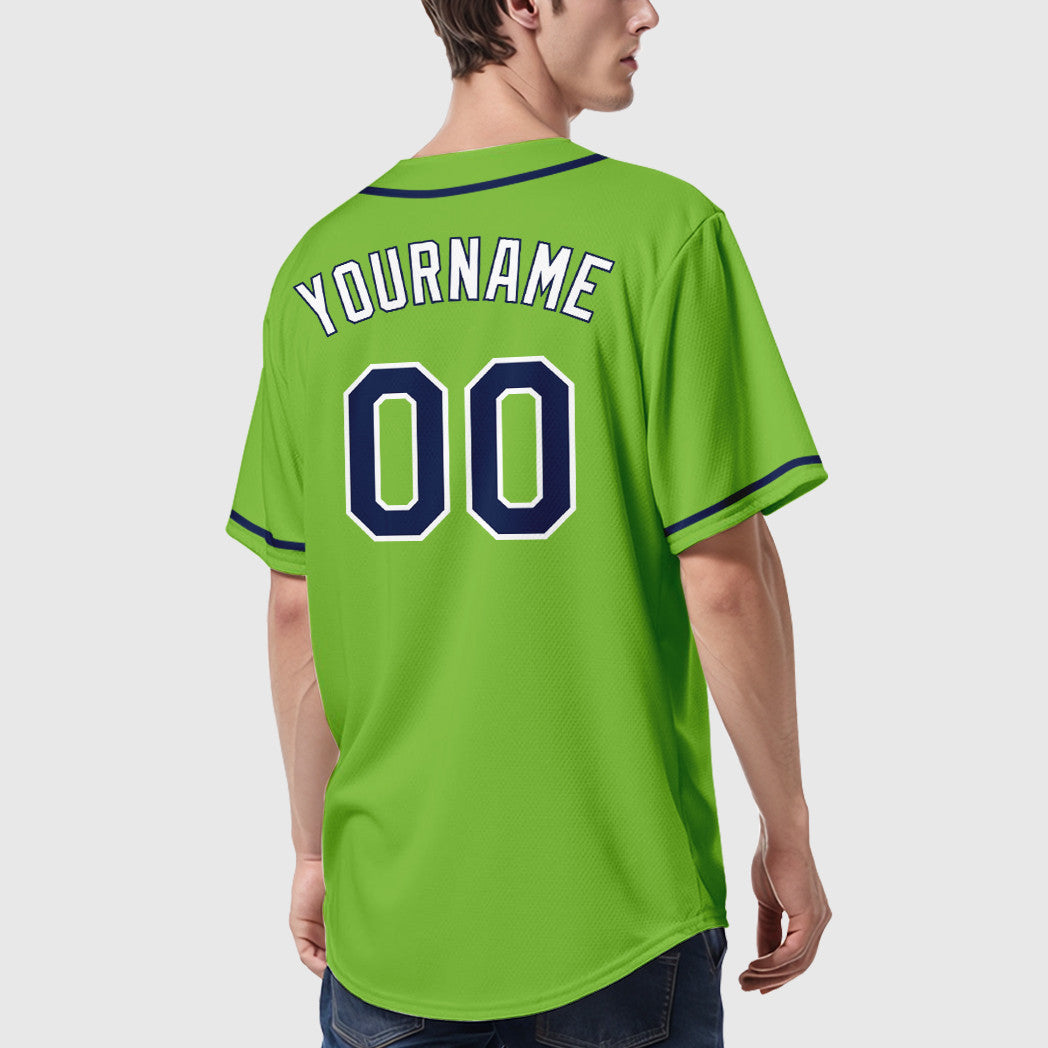 Custom Neon Green Navy Navy-White Sleeve Baseball Jersey