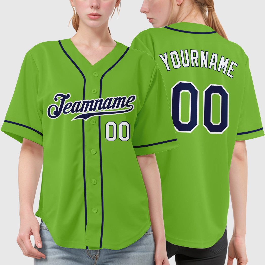 Custom Neon Green Navy Navy-White Sleeve Baseball Jersey