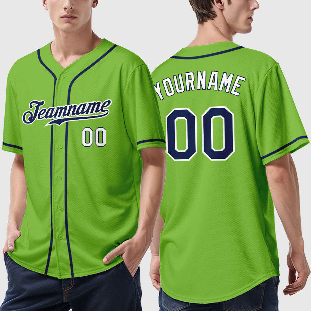 Custom Neon Green Navy Navy-White Sleeve Baseball Jersey