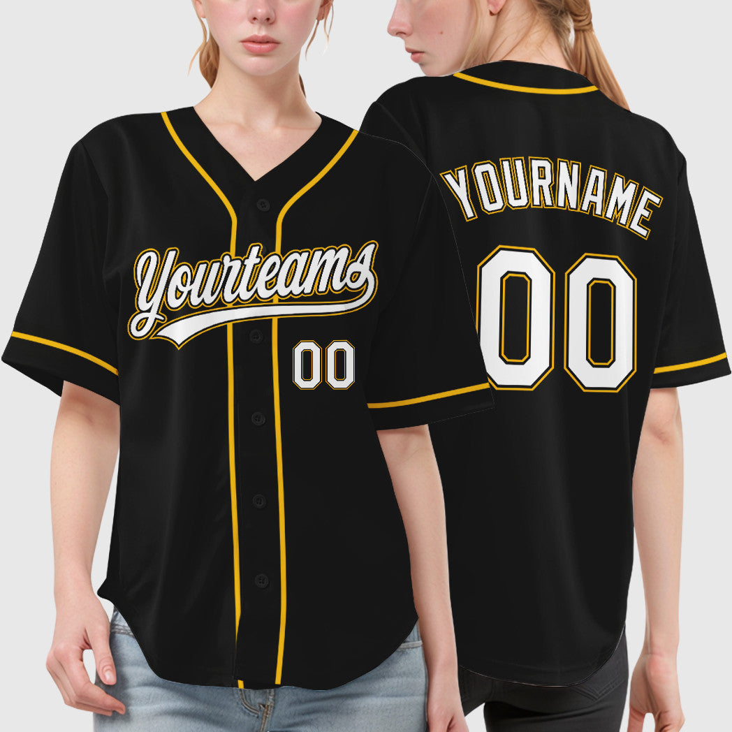 Custom Black White White-Gold Sleeve Baseball Jersey
