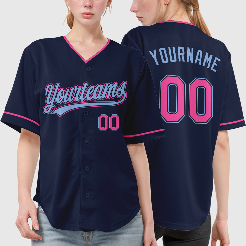Custom Navy Light Blue Pink Collar Sleeve Baseball Jersey