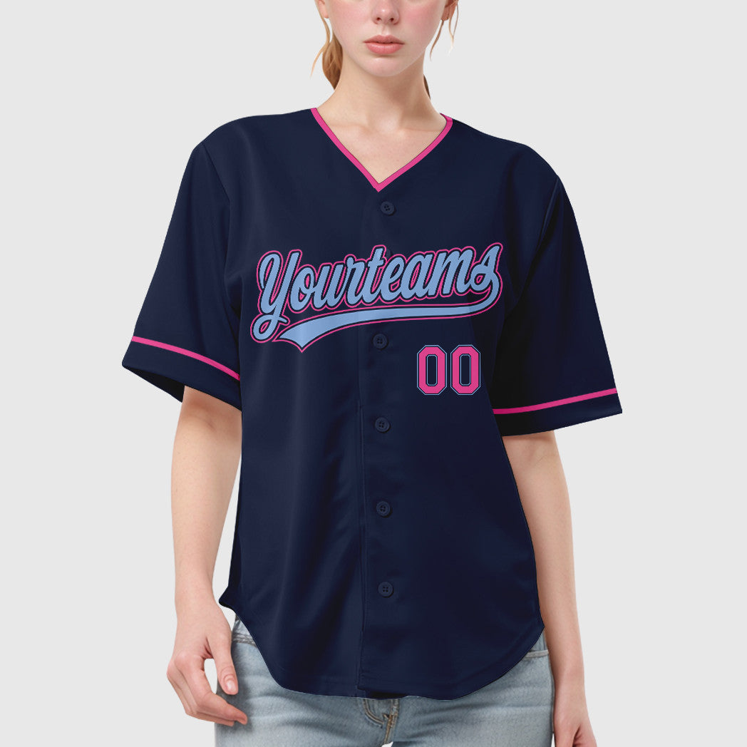 Custom Navy Light Blue Pink Collar Sleeve Baseball Jersey