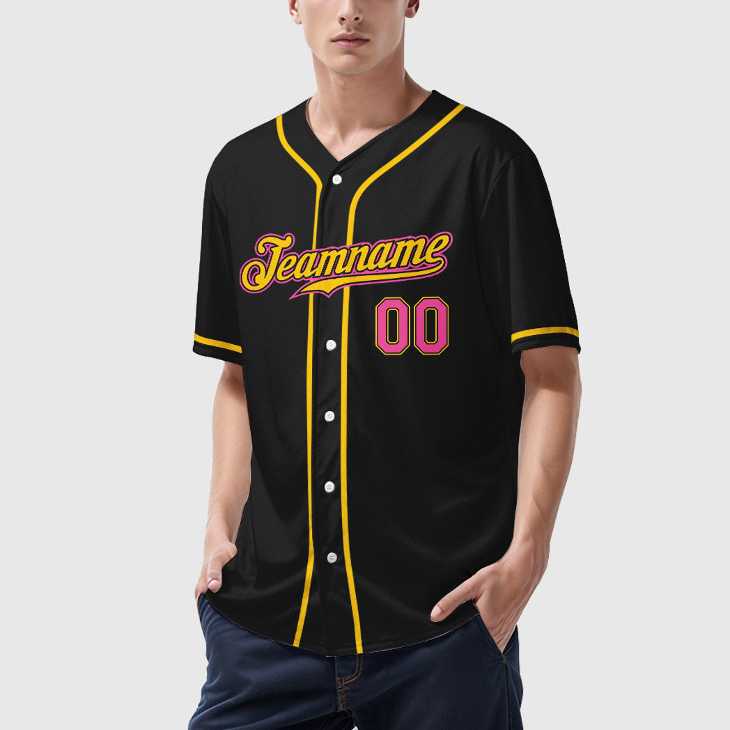 Custom Black Pink Pink-Yellow Sleeve Baseball Jersey