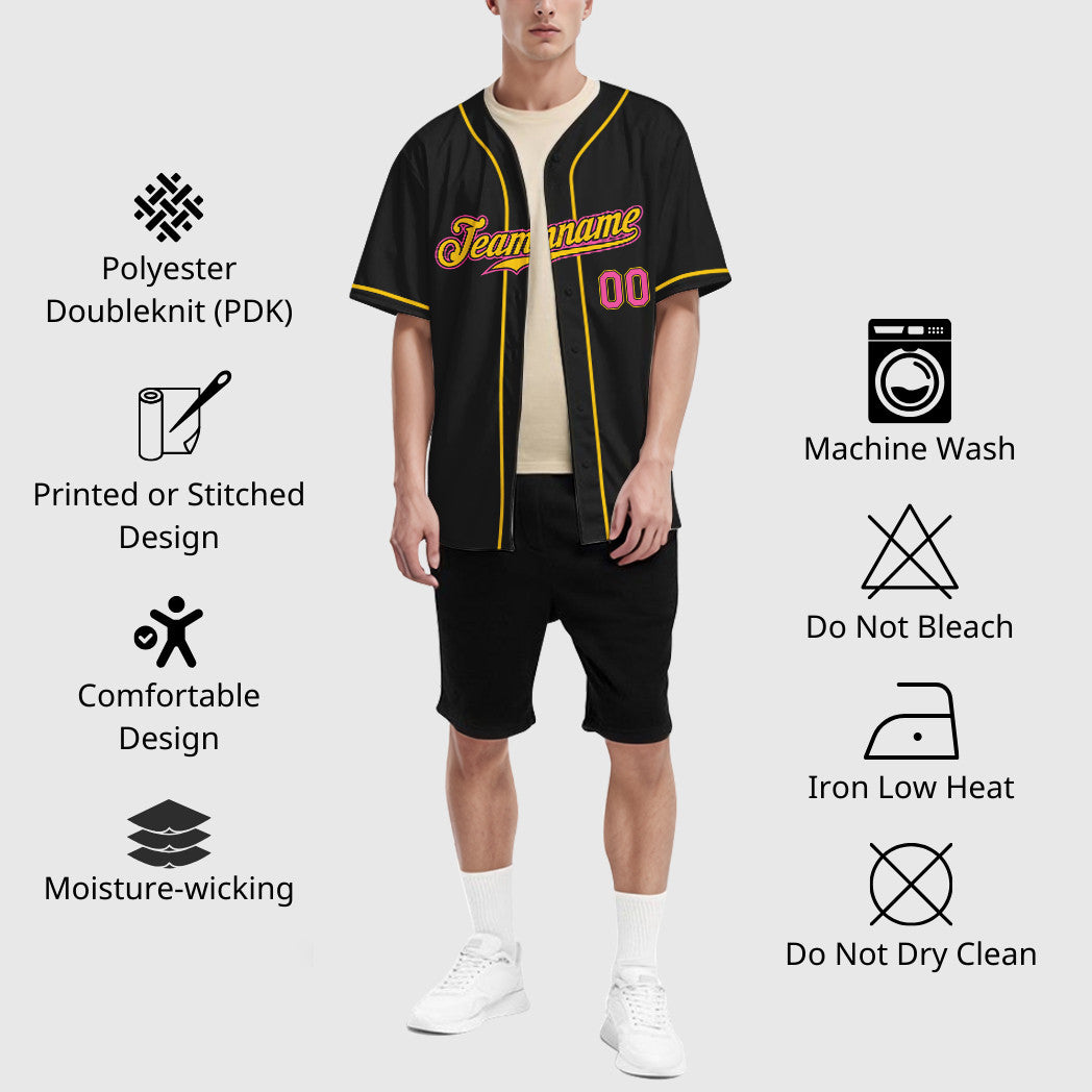 Custom Black Pink Pink-Yellow Sleeve Baseball Jersey