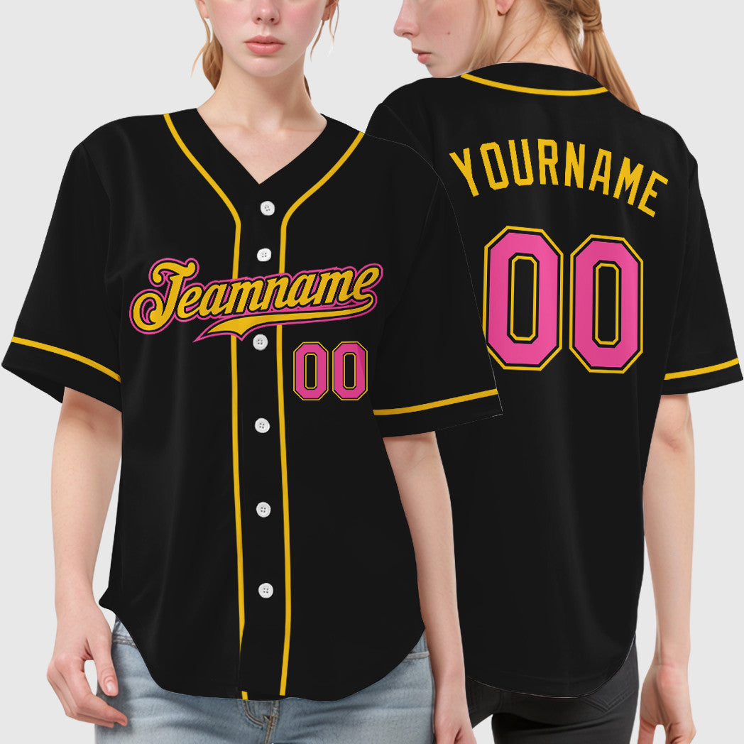 Custom Black Pink Pink-Yellow Sleeve Baseball Jersey
