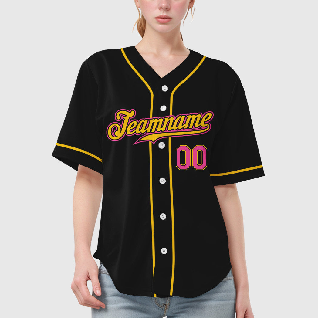 Custom Black Pink Pink-Yellow Sleeve Baseball Jersey