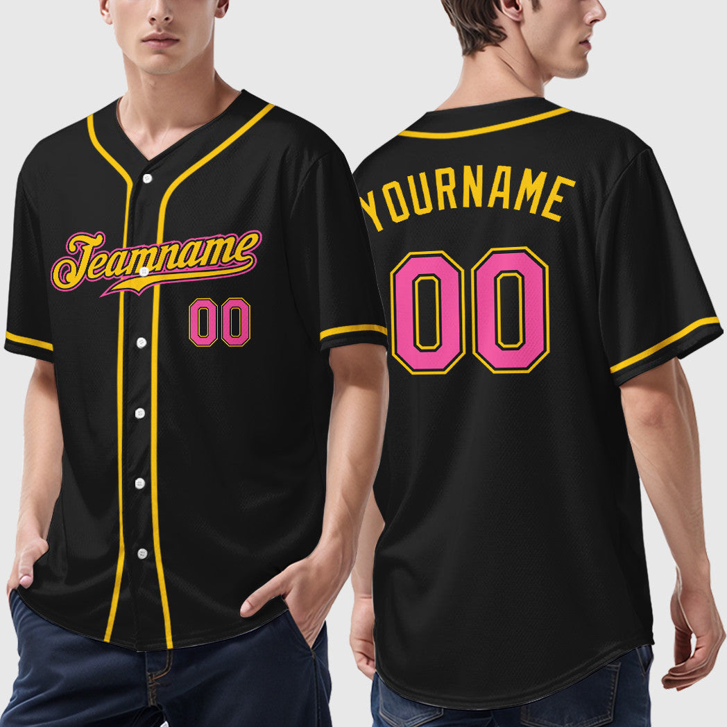 Custom Black Pink Pink-Yellow Sleeve Baseball Jersey
