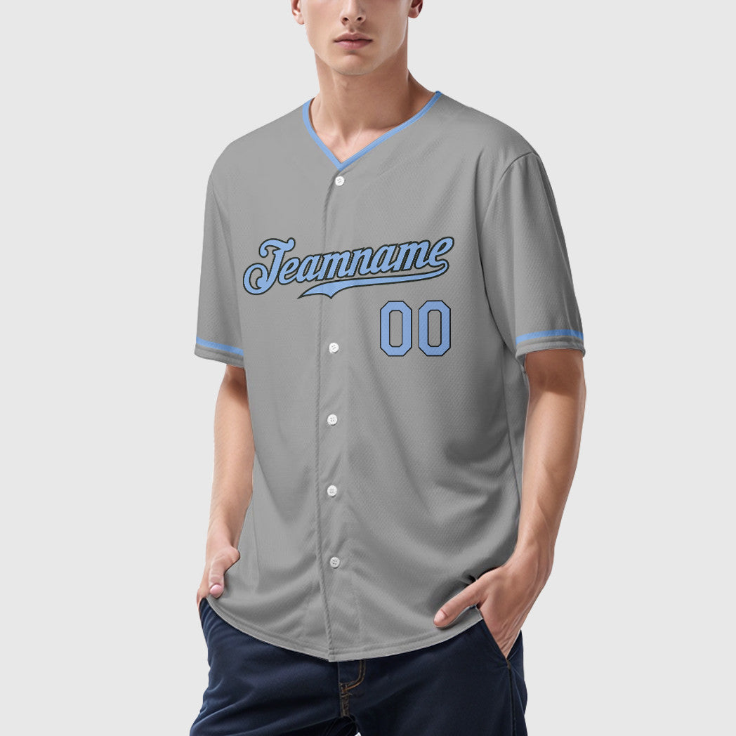Custom Gray Black Light Blue Collar Sleeve Baseball Jersey