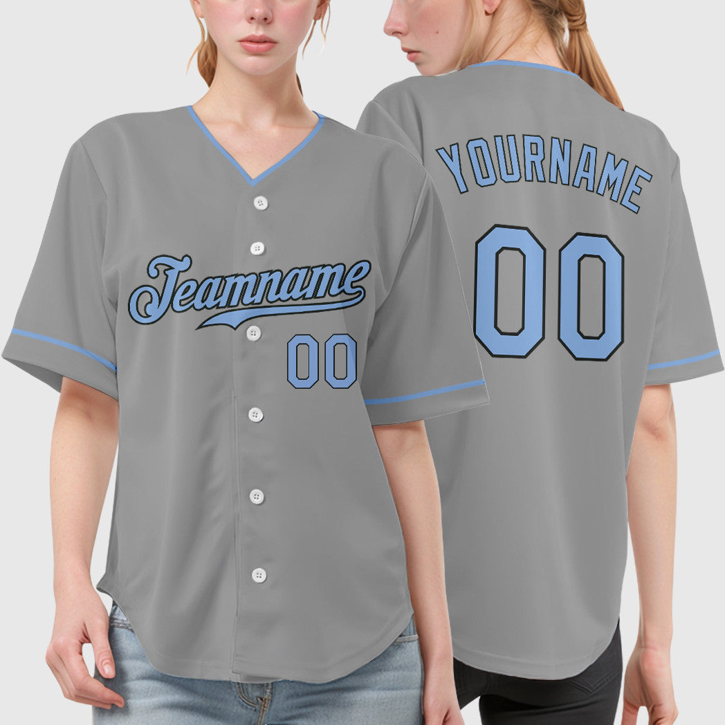 Custom Gray Black Light Blue Collar Sleeve Baseball Jersey
