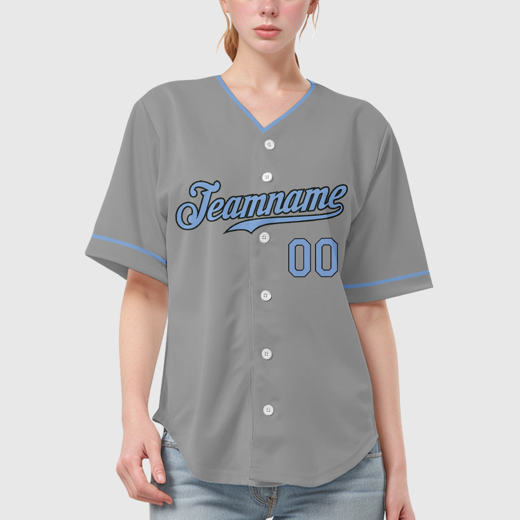 Custom Gray Black Light Blue Collar Sleeve Baseball Jersey