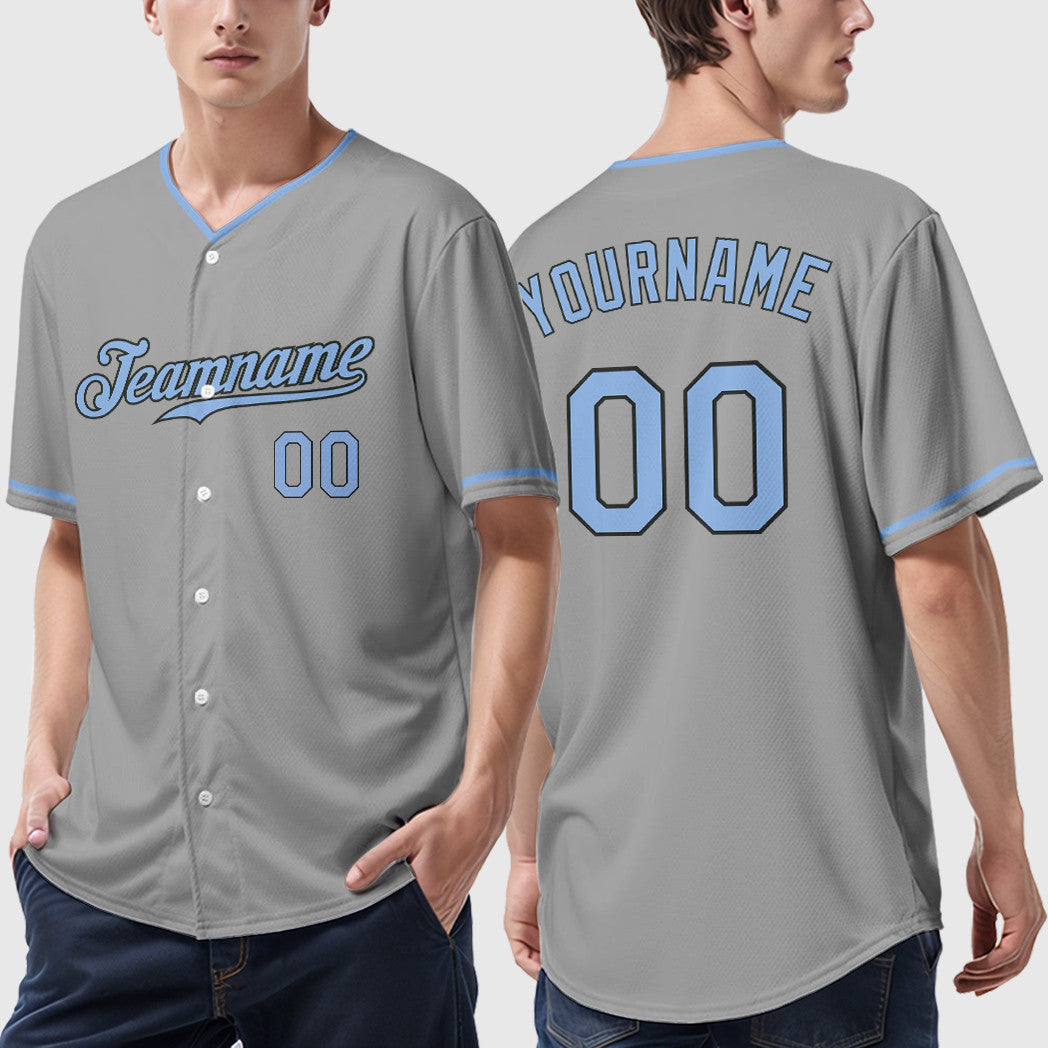 Custom Gray Black Light Blue Collar Sleeve Baseball Jersey
