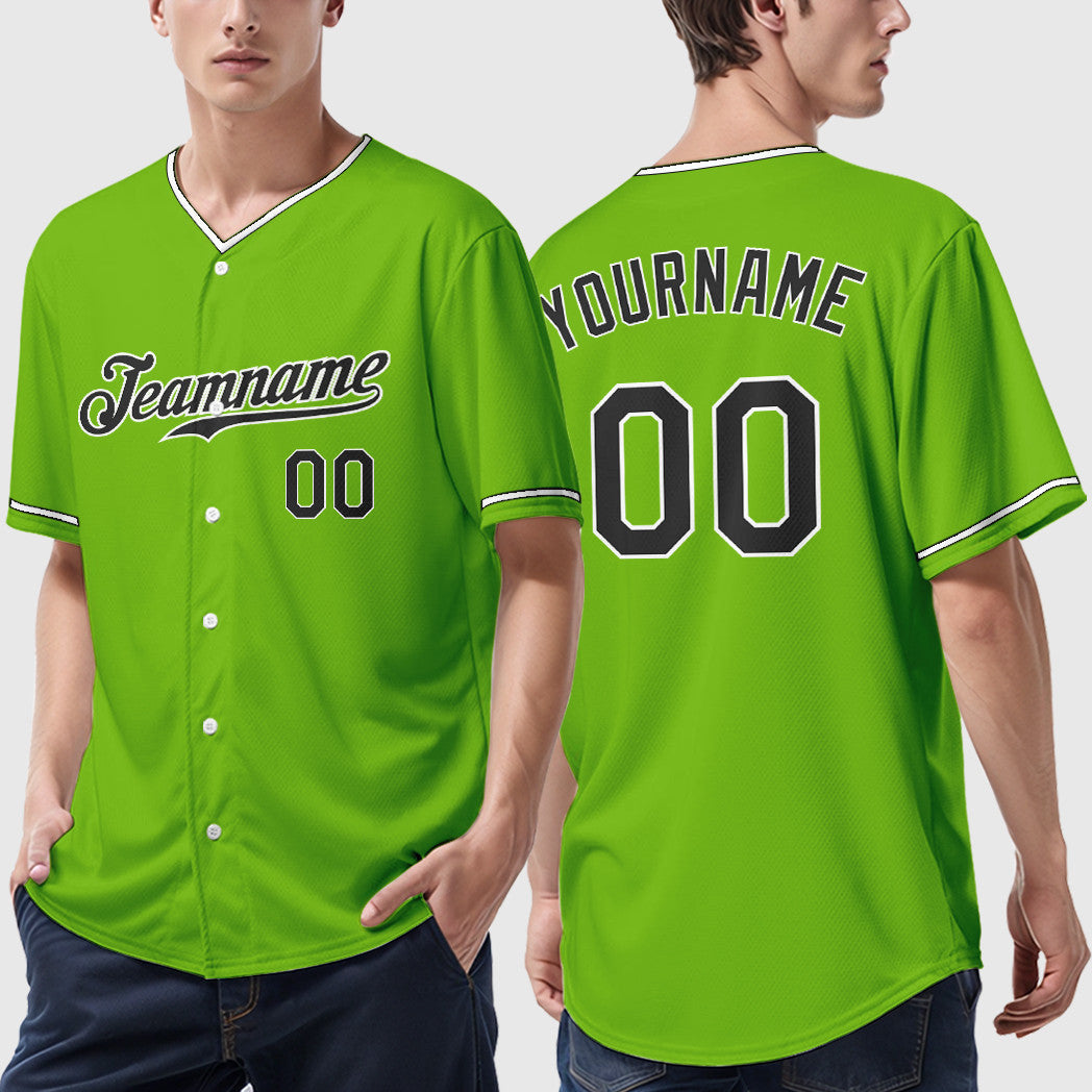 Custom Neon Green Black Black-White Collar Sleeve Baseball Jersey