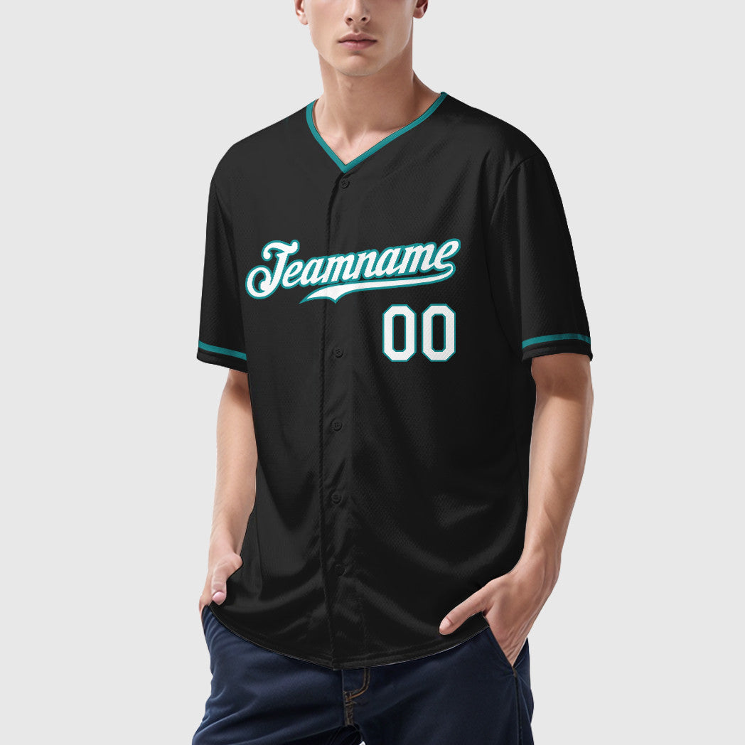 Custom Black Aqua Teal-White Collar Sleeve Baseball Jersey