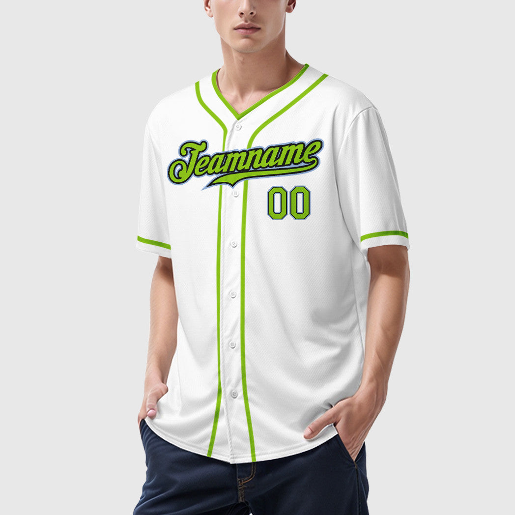 Custom White Light Blue Neon Green-Black Piping Baseball Jersey