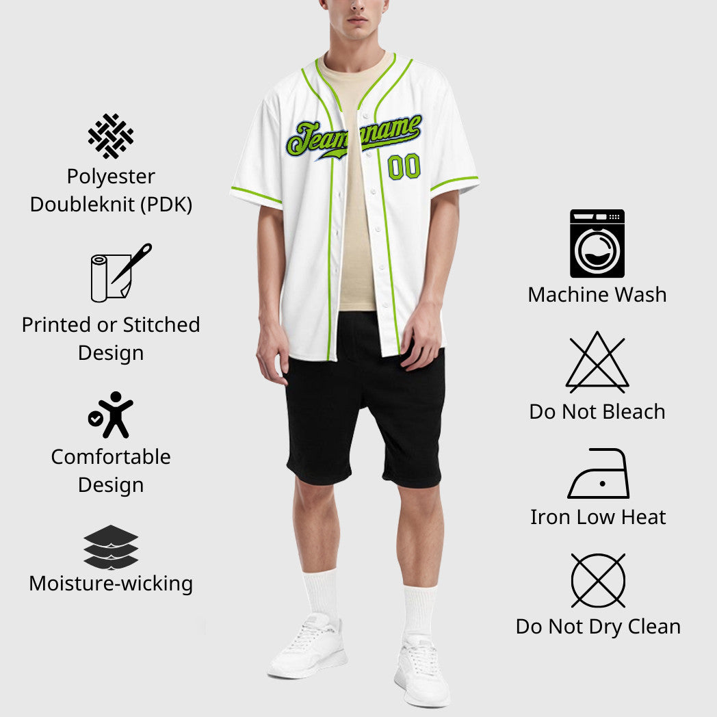 Custom White Light Blue Neon Green-Black Piping Baseball Jersey