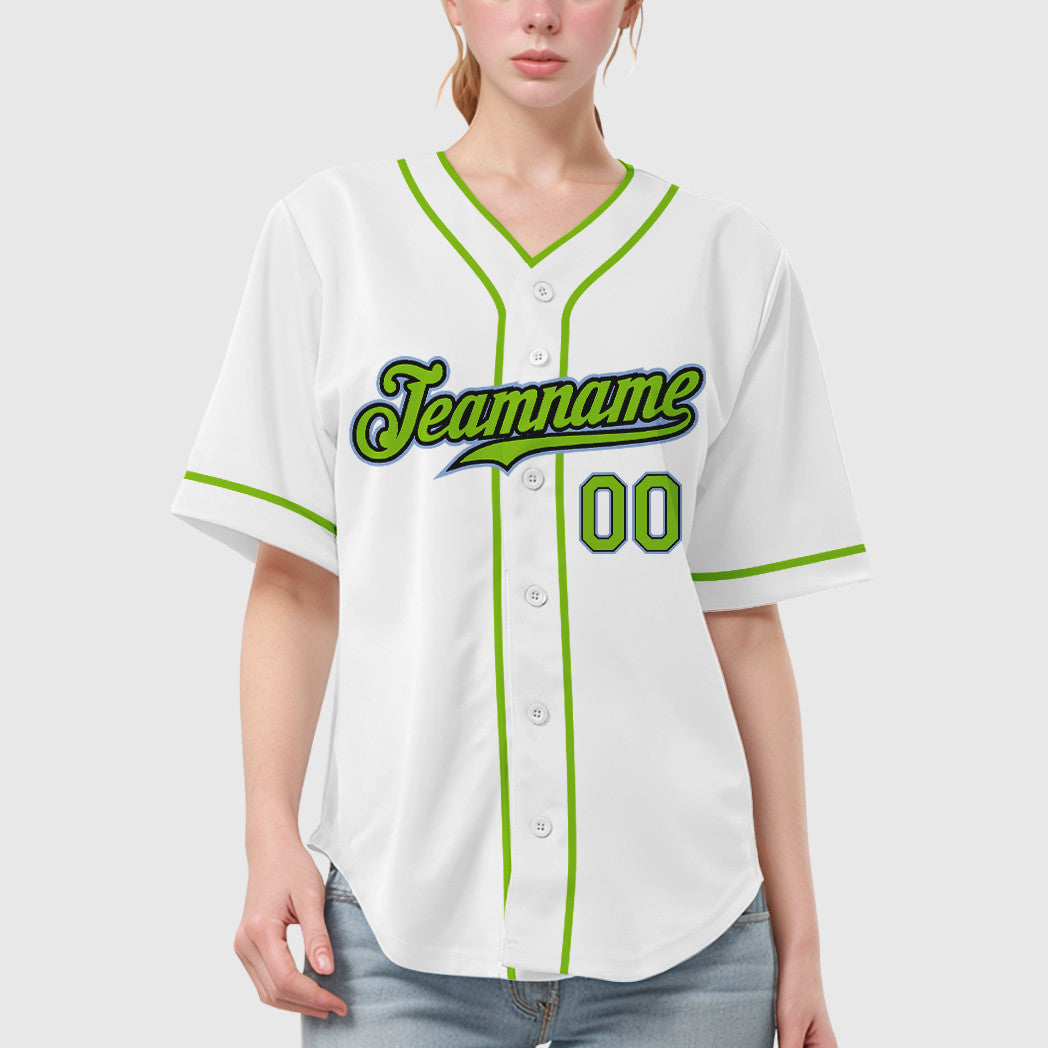 Custom White Light Blue Neon Green-Black Piping Baseball Jersey
