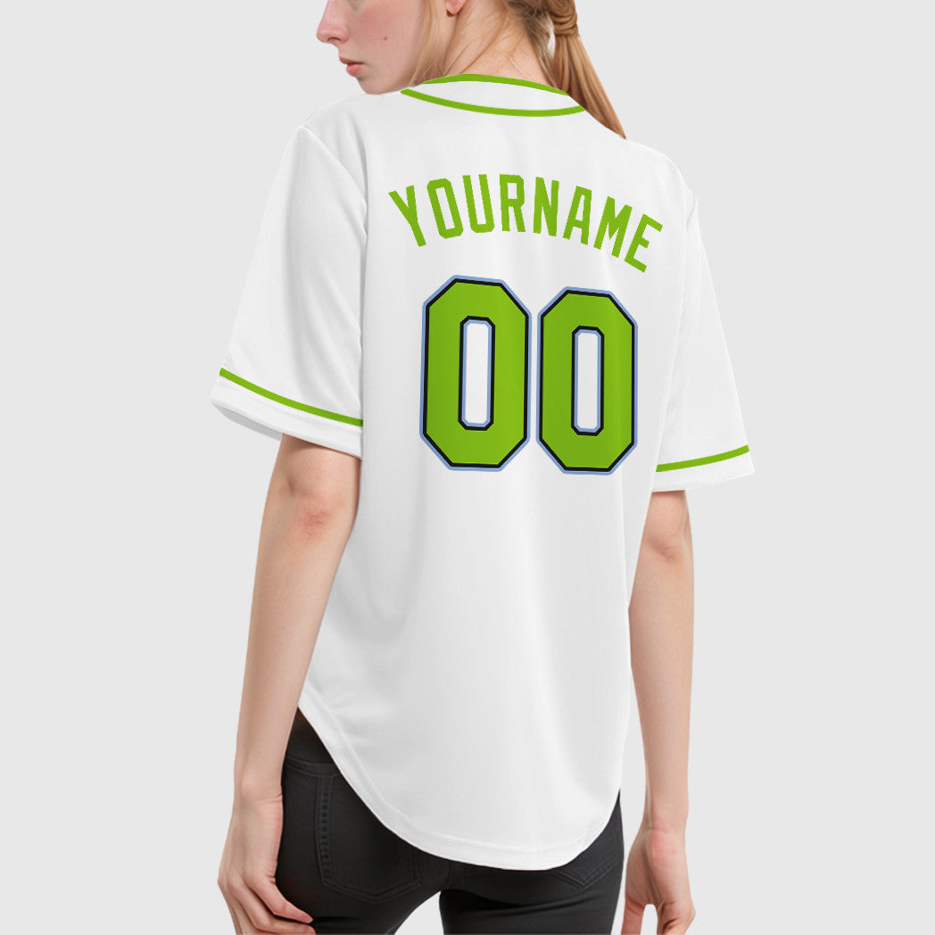 Custom White Light Blue Neon Green-Black Piping Baseball Jersey