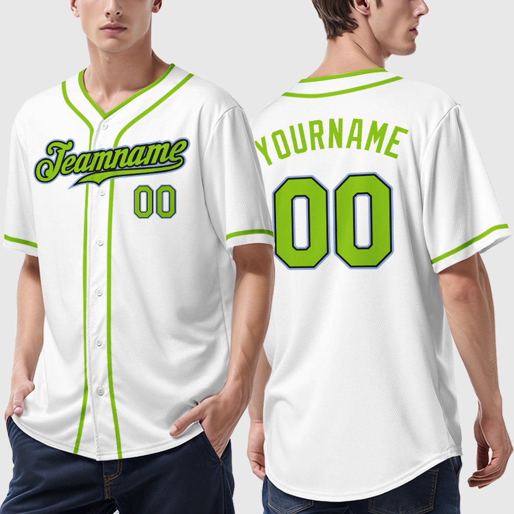 Custom White Light Blue Neon Green-Black Piping Baseball Jersey