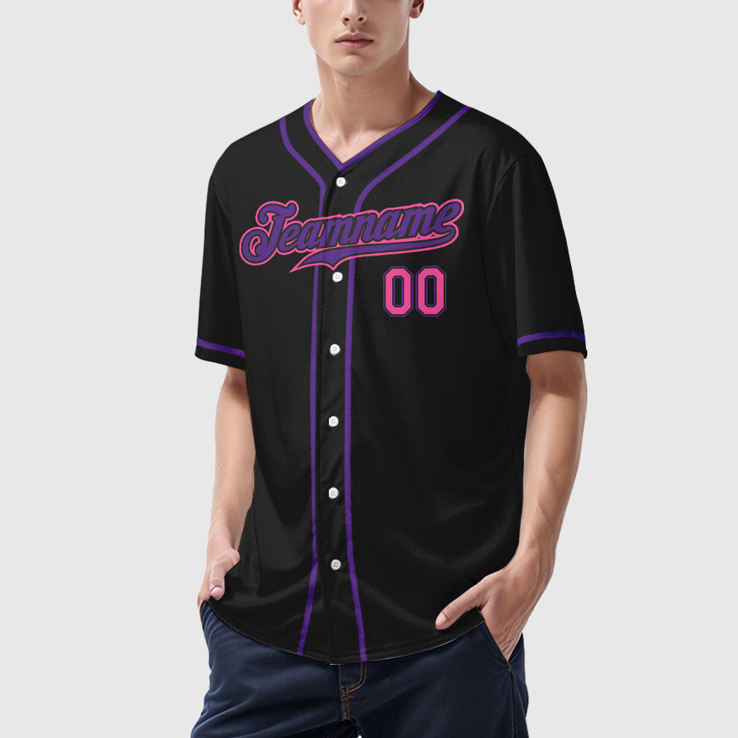 Custom Black Pink Pink-Purple Piping Baseball Jersey