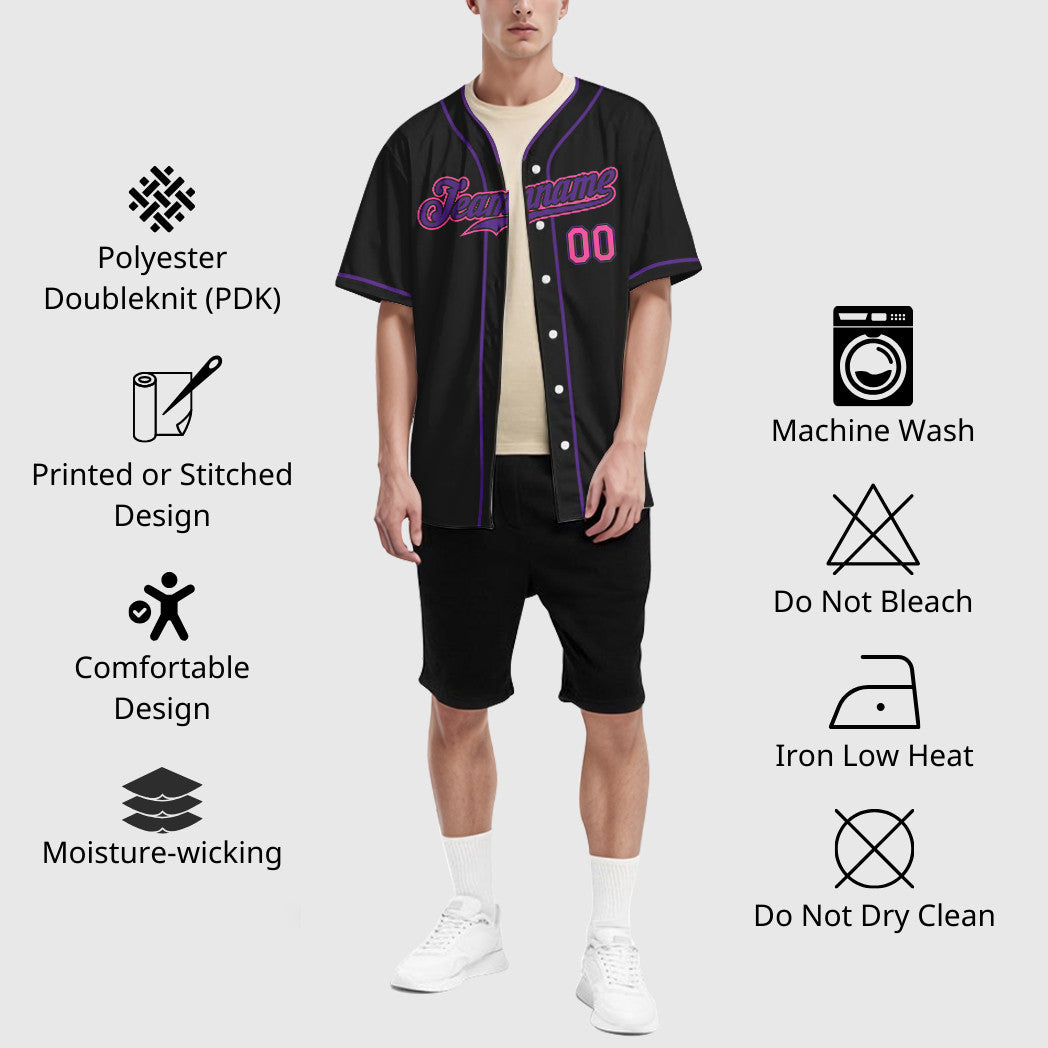 Custom Black Pink Pink-Purple Piping Baseball Jersey