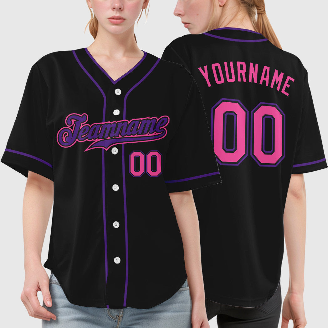Custom Black Pink Pink-Purple Piping Baseball Jersey