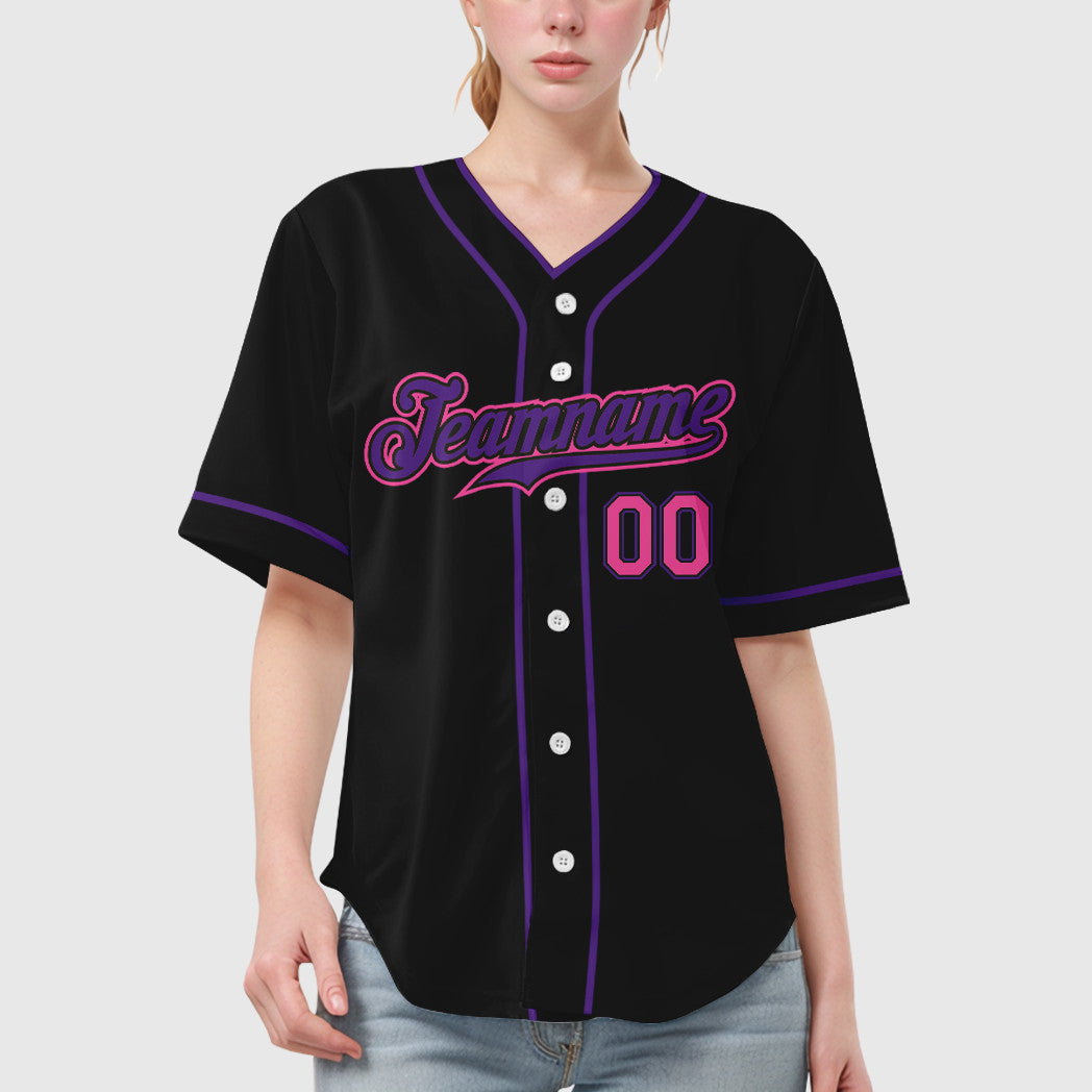 Custom Black Pink Pink-Purple Piping Baseball Jersey