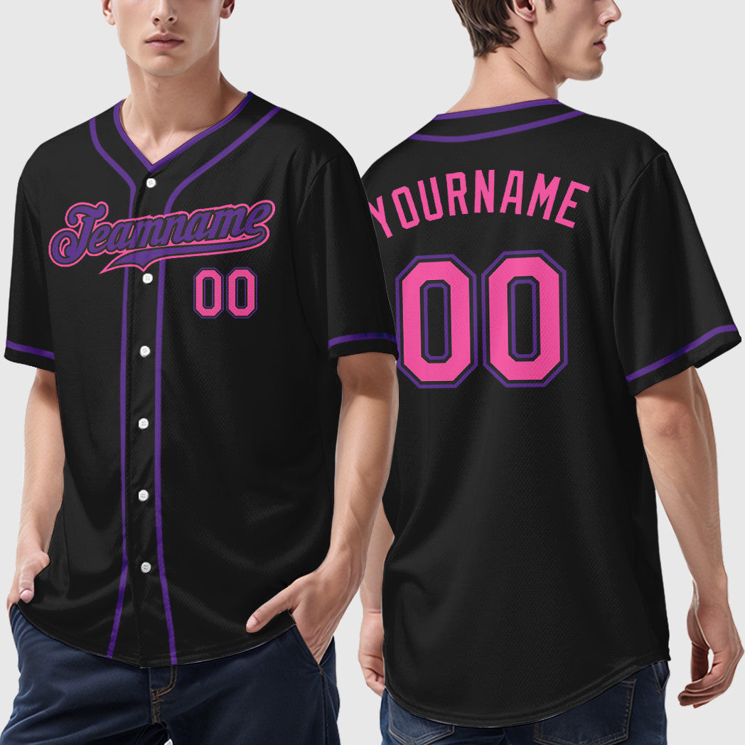 Custom Black Pink Pink-Purple Piping Baseball Jersey